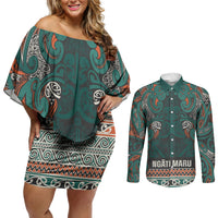 Aotearoa Iwi Ngāti Maru Taranaki Couples Matching Off Shoulder Short Dress and Long Sleeve Button Shirt Maori Wharenui House Tribal Pattern