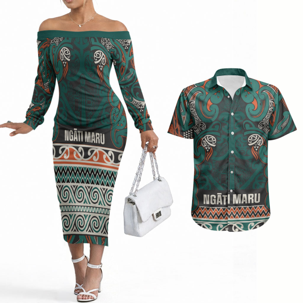 Aotearoa Iwi Ngāti Maru Taranaki Couples Matching Off The Shoulder Long Sleeve Dress and Hawaiian Shirt Maori Wharenui House Tribal Pattern