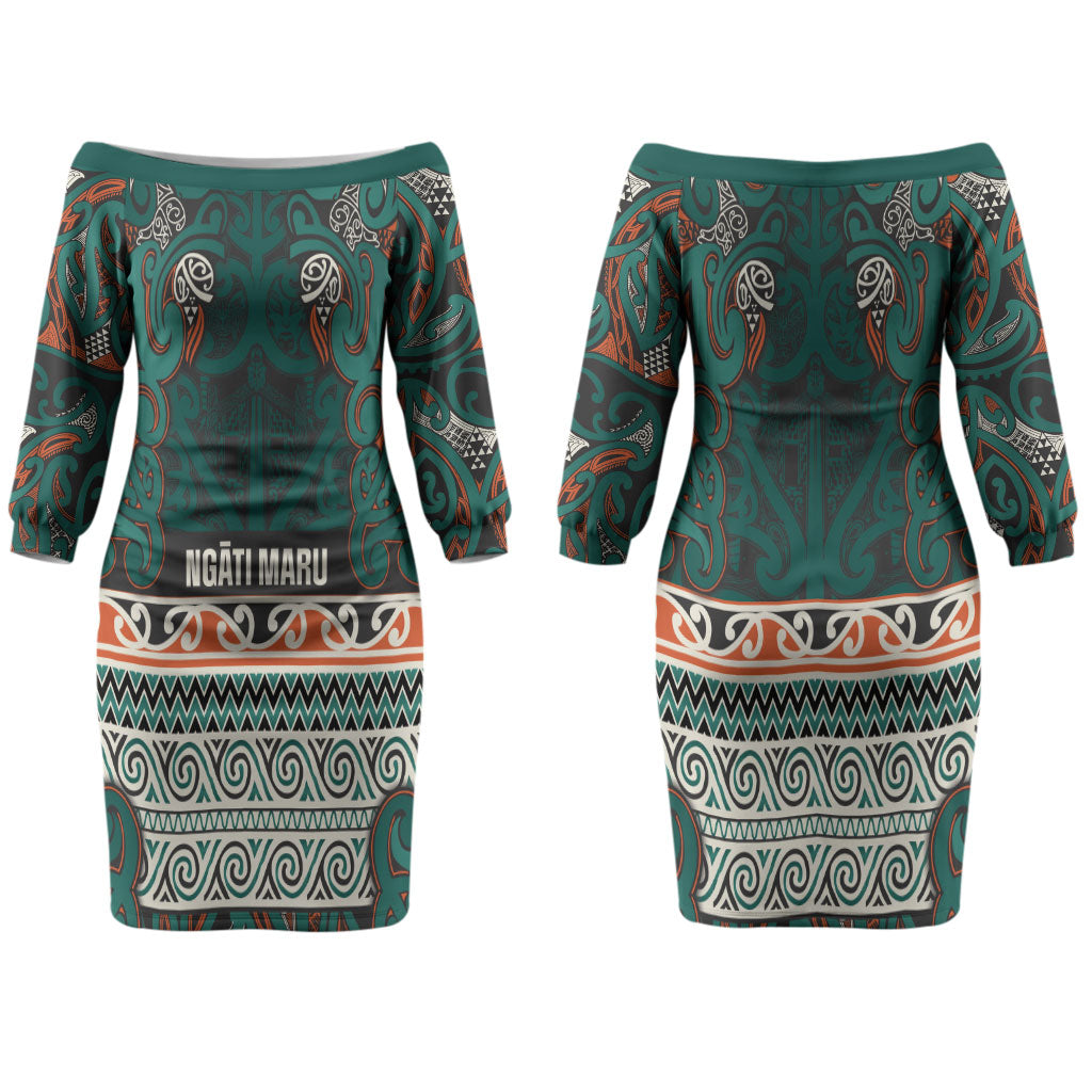 Aotearoa Iwi Ngāti Maru Taranaki Couples Matching Off The Shoulder Long Sleeve Dress and Hawaiian Shirt Maori Wharenui House Tribal Pattern