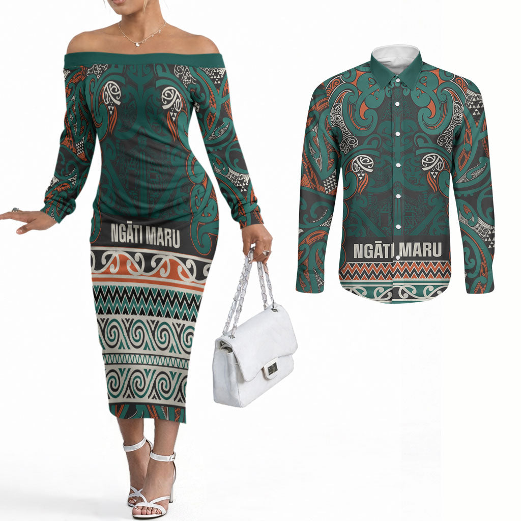 Aotearoa Iwi Ngāti Maru Taranaki Couples Matching Off The Shoulder Long Sleeve Dress and Long Sleeve Button Shirt Maori Wharenui House Tribal Pattern