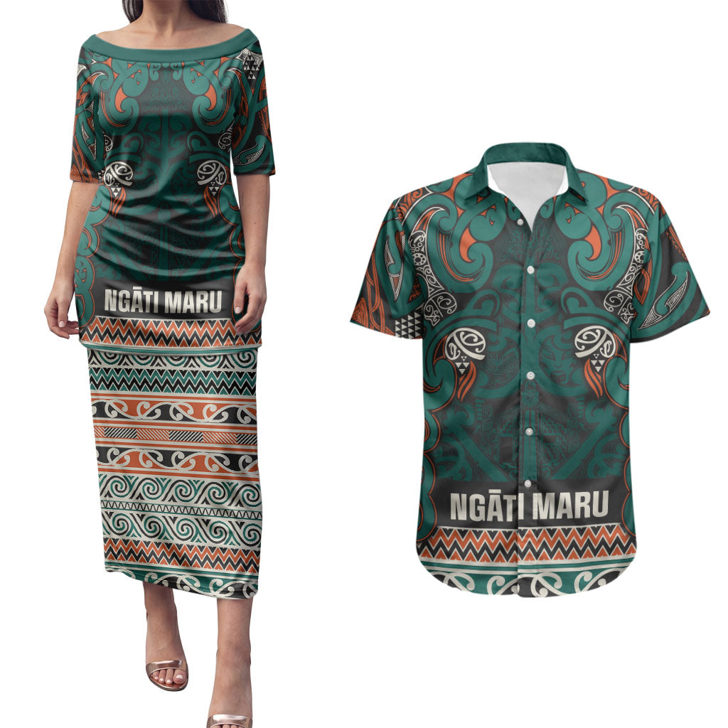 Aotearoa Iwi Ngāti Maru Taranaki Couples Matching Puletasi and Hawaiian Shirt Maori Wharenui House Tribal Pattern