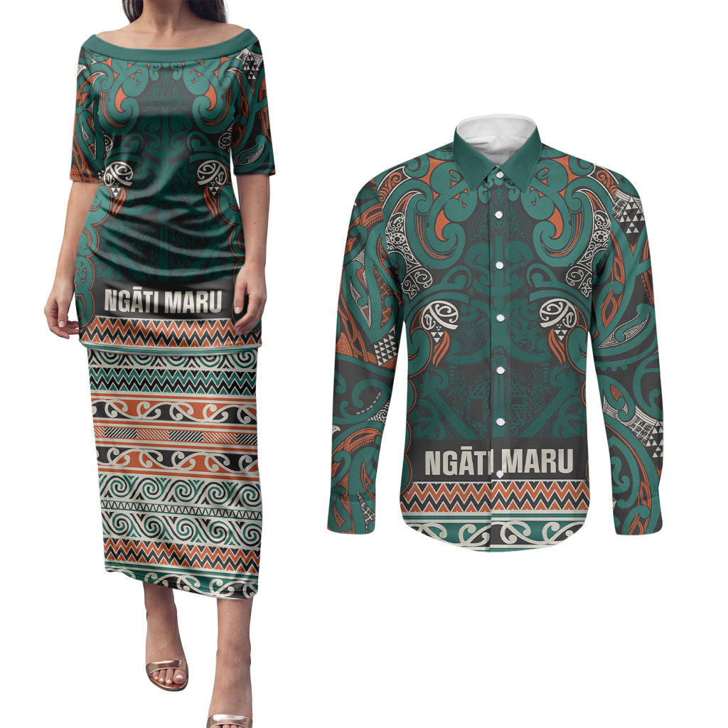 Aotearoa Iwi Ngāti Maru Taranaki Couples Matching Puletasi and Long Sleeve Button Shirt Maori Wharenui House Tribal Pattern