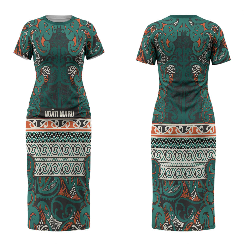 Aotearoa Iwi Ngāti Maru Taranaki Couples Matching Short Sleeve Bodycon Dress and Long Sleeve Button Shirt Maori Wharenui House Tribal Pattern