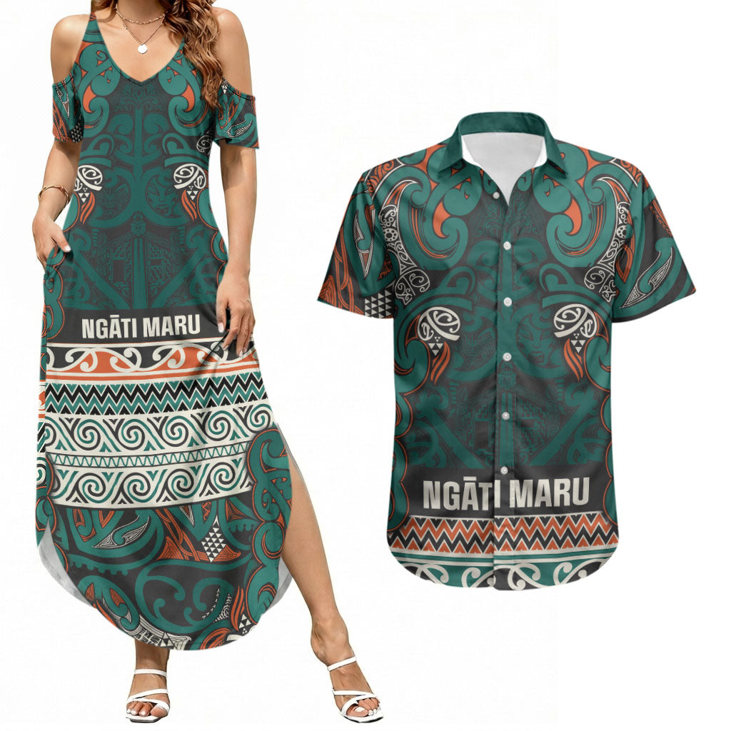 Aotearoa Iwi Ngāti Maru Taranaki Couples Matching Summer Maxi Dress and Hawaiian Shirt Maori Wharenui House Tribal Pattern