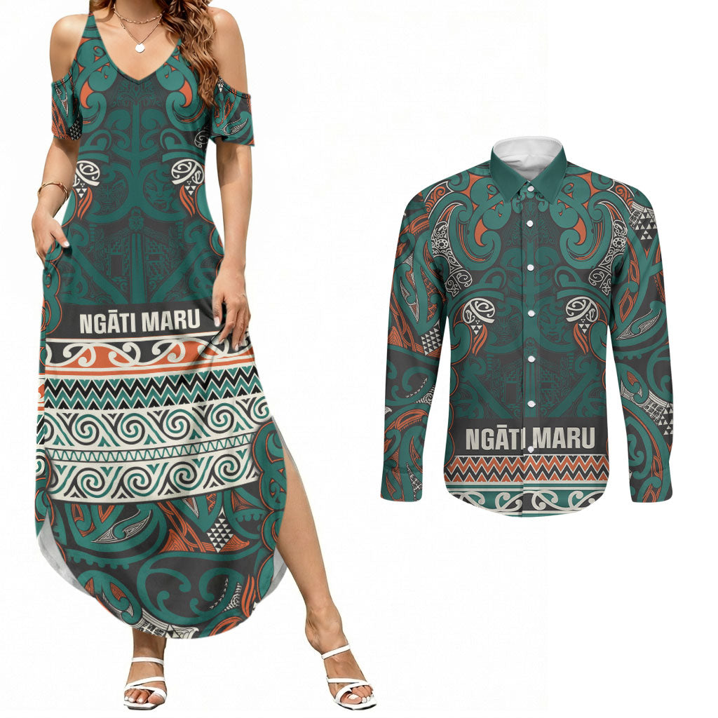 Aotearoa Iwi Ngāti Maru Taranaki Couples Matching Summer Maxi Dress and Long Sleeve Button Shirt Maori Wharenui House Tribal Pattern