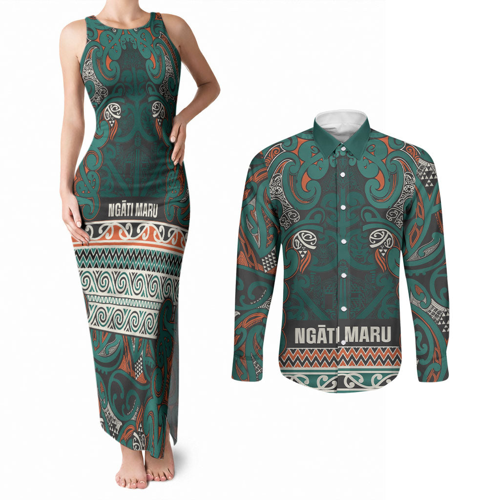Aotearoa Iwi Ngāti Maru Taranaki Couples Matching Tank Maxi Dress and Long Sleeve Button Shirt Maori Wharenui House Tribal Pattern