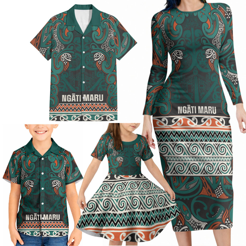 Aotearoa Iwi Ngāti Maru Taranaki Family Matching Long Sleeve Bodycon Dress and Hawaiian Shirt Maori Wharenui House Tribal Pattern
