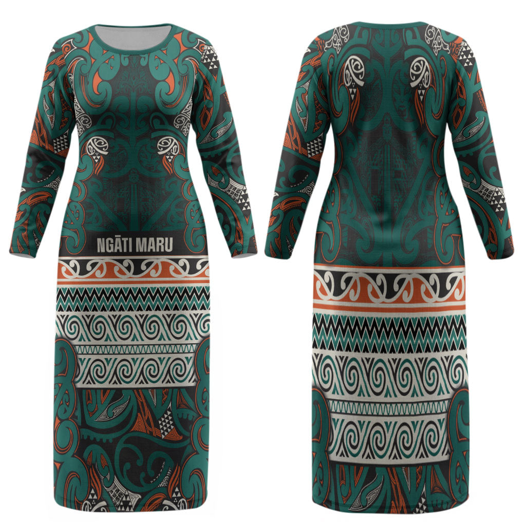 Aotearoa Iwi Ngāti Maru Taranaki Family Matching Long Sleeve Bodycon Dress and Hawaiian Shirt Maori Wharenui House Tribal Pattern