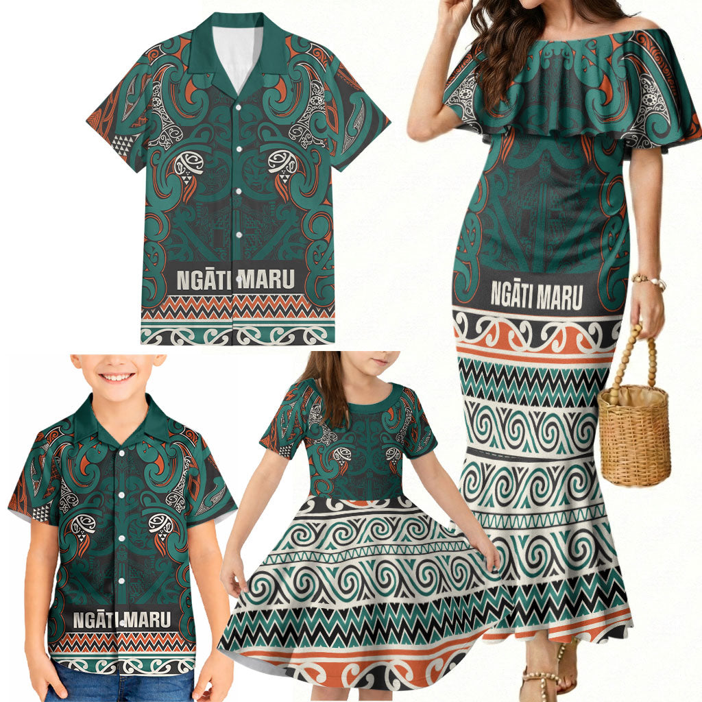 Aotearoa Iwi Ngāti Maru Taranaki Family Matching Mermaid Dress and Hawaiian Shirt Maori Wharenui House Tribal Pattern