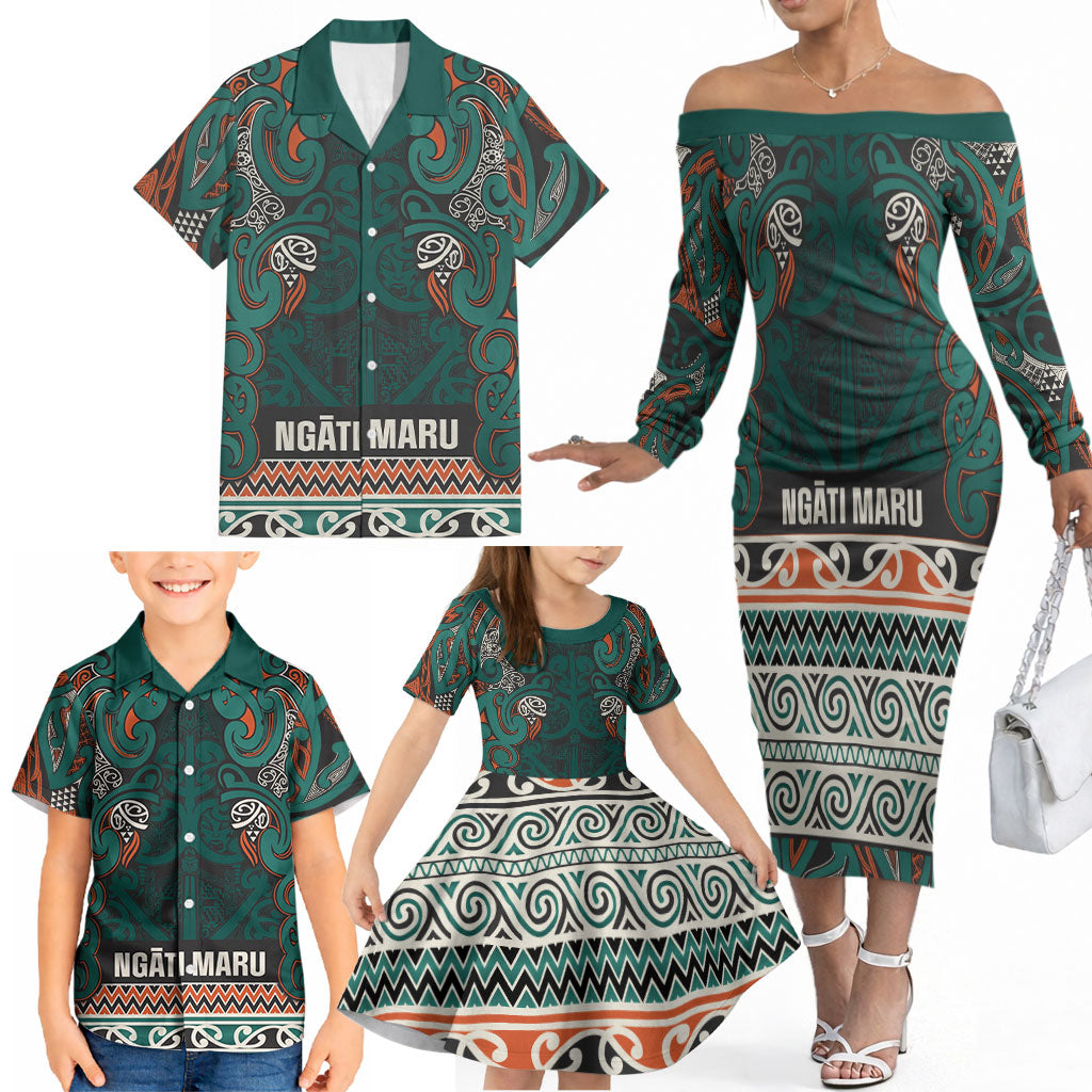 Aotearoa Iwi Ngāti Maru Taranaki Family Matching Off The Shoulder Long Sleeve Dress and Hawaiian Shirt Maori Wharenui House Tribal Pattern