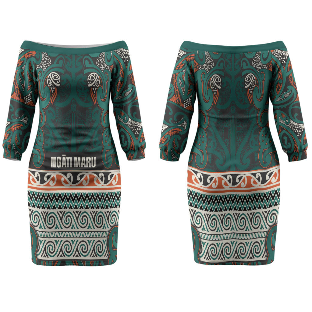 Aotearoa Iwi Ngāti Maru Taranaki Family Matching Off The Shoulder Long Sleeve Dress and Hawaiian Shirt Maori Wharenui House Tribal Pattern