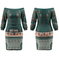 Aotearoa Iwi Ngāti Maru Taranaki Family Matching Off The Shoulder Long Sleeve Dress and Hawaiian Shirt Maori Wharenui House Tribal Pattern