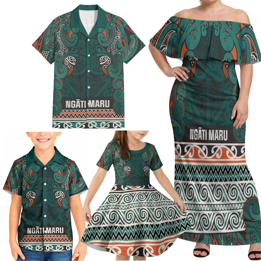Aotearoa Iwi Ngāti Maru Taranaki Family Matching Off Shoulder Maxi Dress and Hawaiian Shirt Maori Wharenui House Tribal Pattern