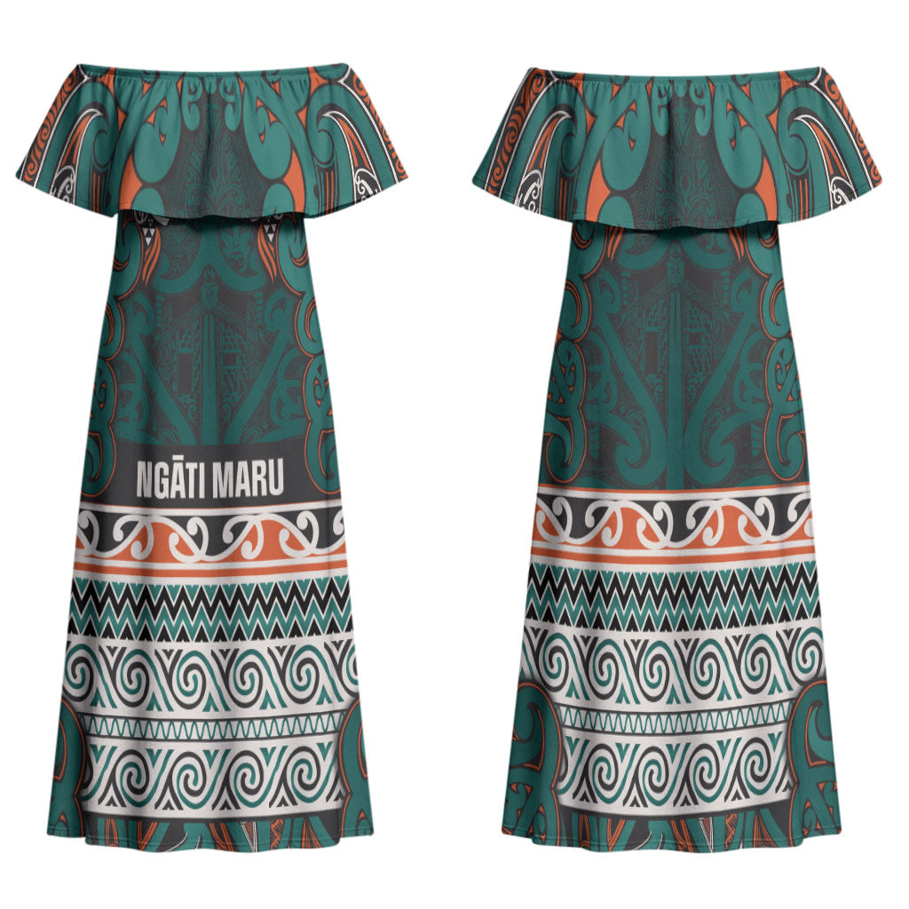 Aotearoa Iwi Ngāti Maru Taranaki Family Matching Off Shoulder Maxi Dress and Hawaiian Shirt Maori Wharenui House Tribal Pattern