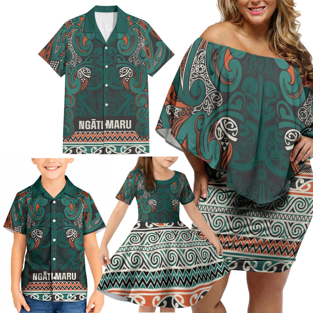 Aotearoa Iwi Ngāti Maru Taranaki Family Matching Off Shoulder Short Dress and Hawaiian Shirt Maori Wharenui House Tribal Pattern