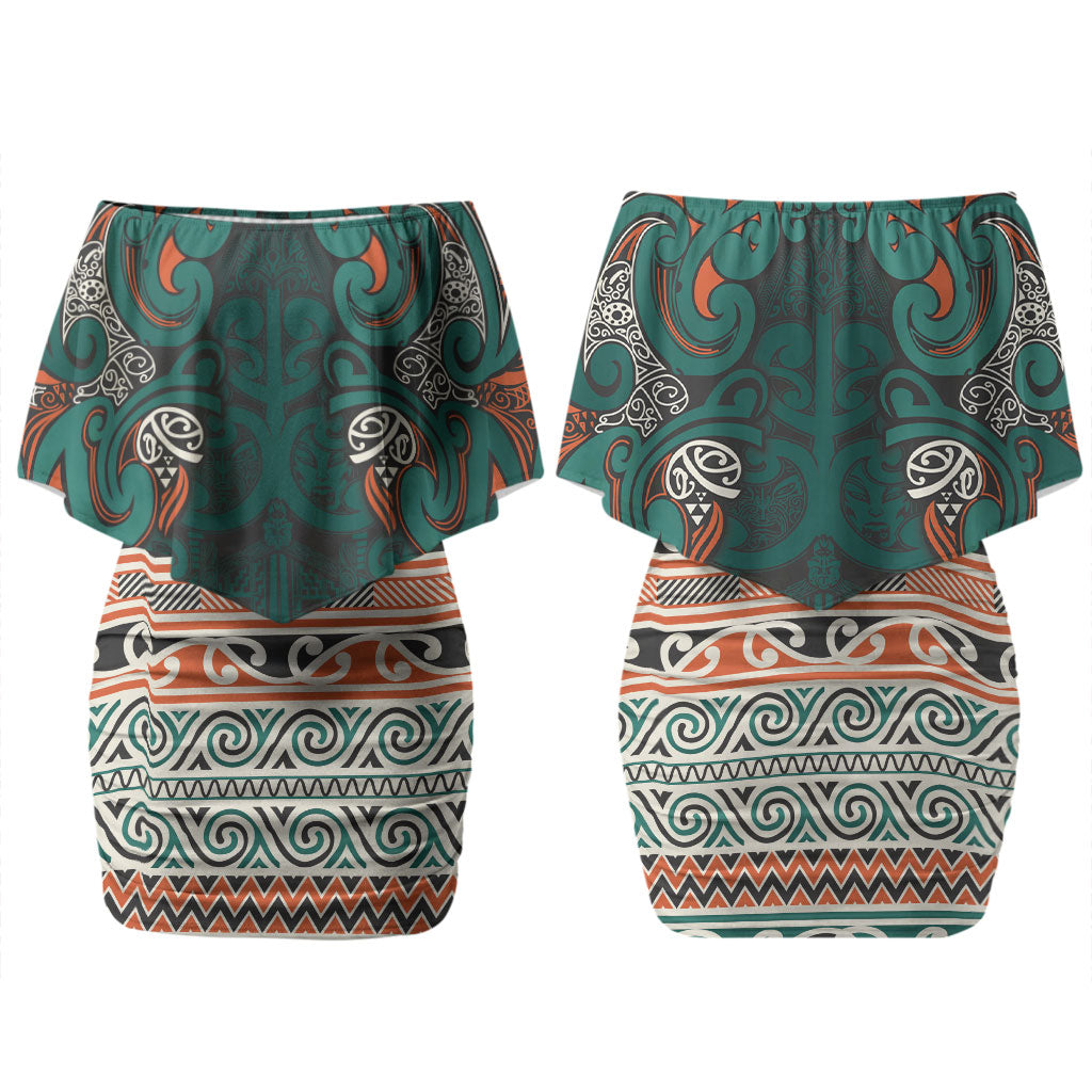Aotearoa Iwi Ngāti Maru Taranaki Family Matching Off Shoulder Short Dress and Hawaiian Shirt Maori Wharenui House Tribal Pattern