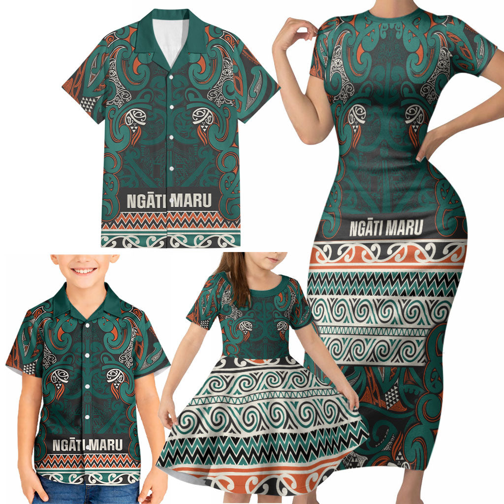 Aotearoa Iwi Ngāti Maru Taranaki Family Matching Short Sleeve Bodycon Dress and Hawaiian Shirt Maori Wharenui House Tribal Pattern