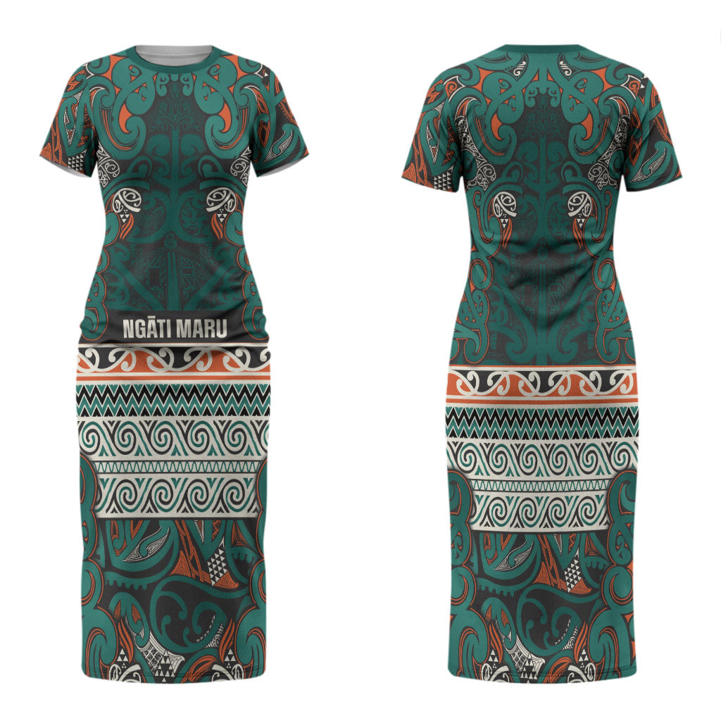 Aotearoa Iwi Ngāti Maru Taranaki Family Matching Short Sleeve Bodycon Dress and Hawaiian Shirt Maori Wharenui House Tribal Pattern