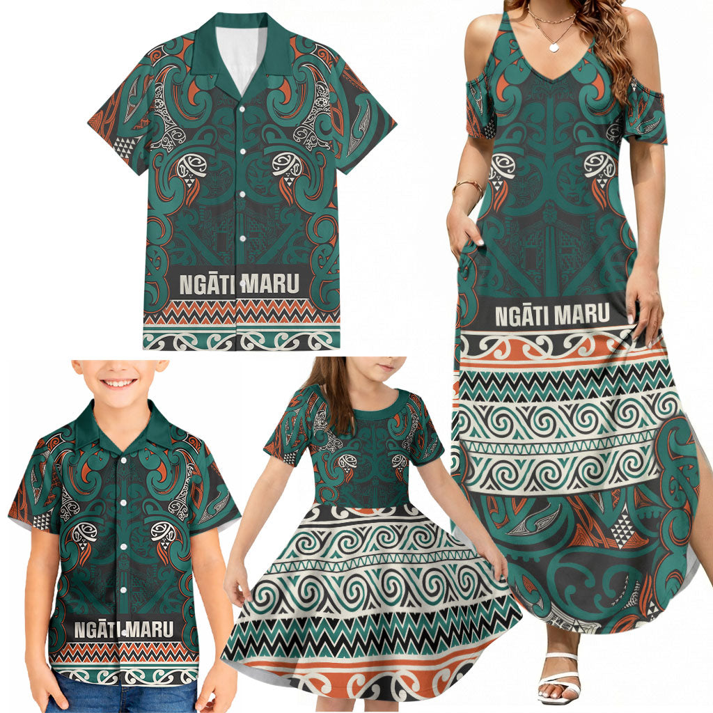 Aotearoa Iwi Ngāti Maru Taranaki Family Matching Summer Maxi Dress and Hawaiian Shirt Maori Wharenui House Tribal Pattern