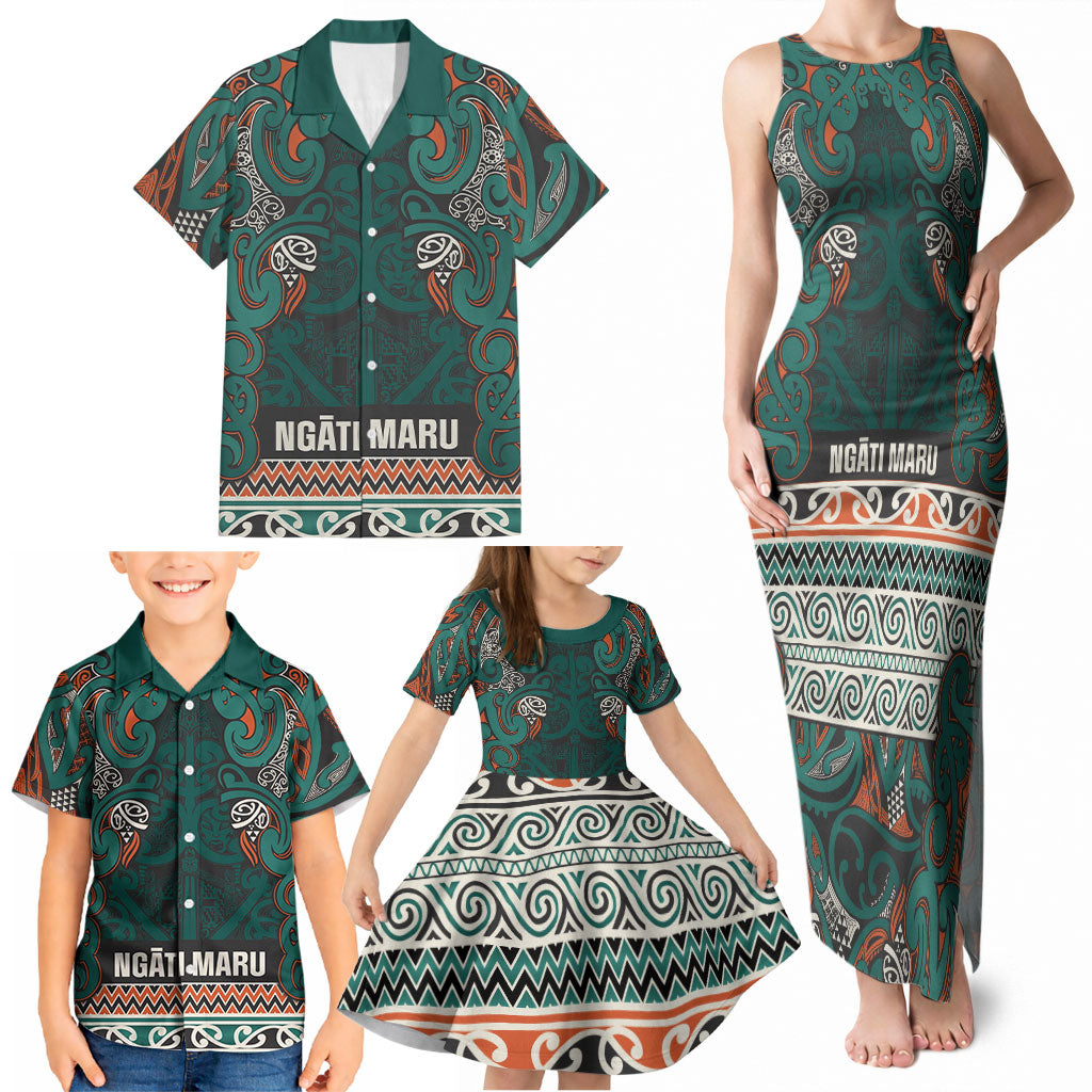 Aotearoa Iwi Ngāti Maru Taranaki Family Matching Tank Maxi Dress and Hawaiian Shirt Maori Wharenui House Tribal Pattern