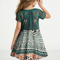 Aotearoa Iwi Ngāti Maru Taranaki Kid Short Sleeve Dress Maori Wharenui House Tribal Pattern