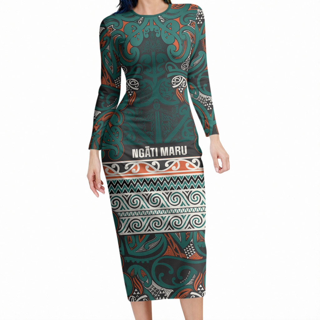 Aotearoa Iwi Ngāti Maru Taranaki Long Sleeve Bodycon Dress Maori Wharenui House Tribal Pattern