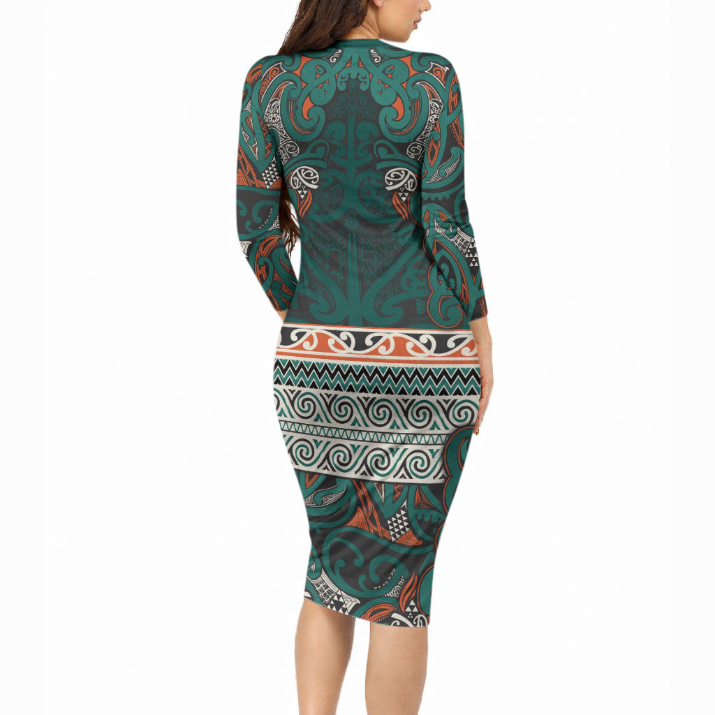 Aotearoa Iwi Ngāti Maru Taranaki Long Sleeve Bodycon Dress Maori Wharenui House Tribal Pattern