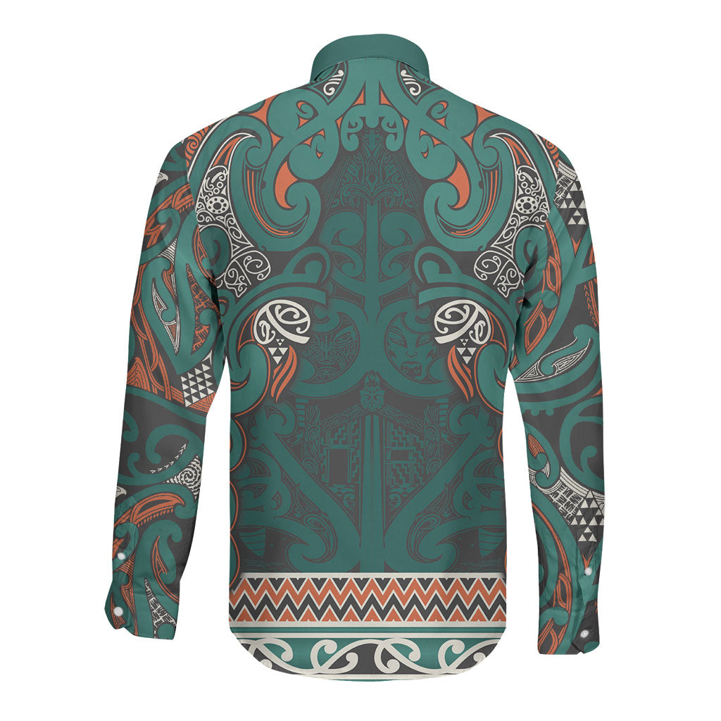 Aotearoa Iwi Ngāti Maru Taranaki Long Sleeve Button Shirt Maori Wharenui House Tribal Pattern