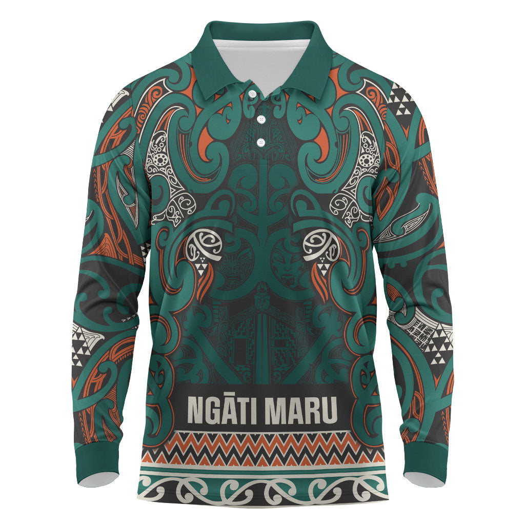 Aotearoa Iwi Ngāti Maru Taranaki Long Sleeve Polo Shirt Maori Wharenui House Tribal Pattern