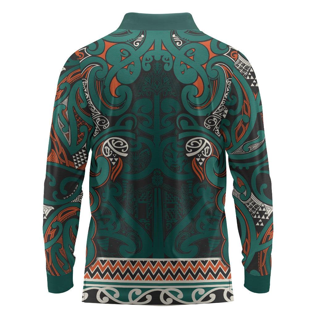 Aotearoa Iwi Ngāti Maru Taranaki Long Sleeve Polo Shirt Maori Wharenui House Tribal Pattern