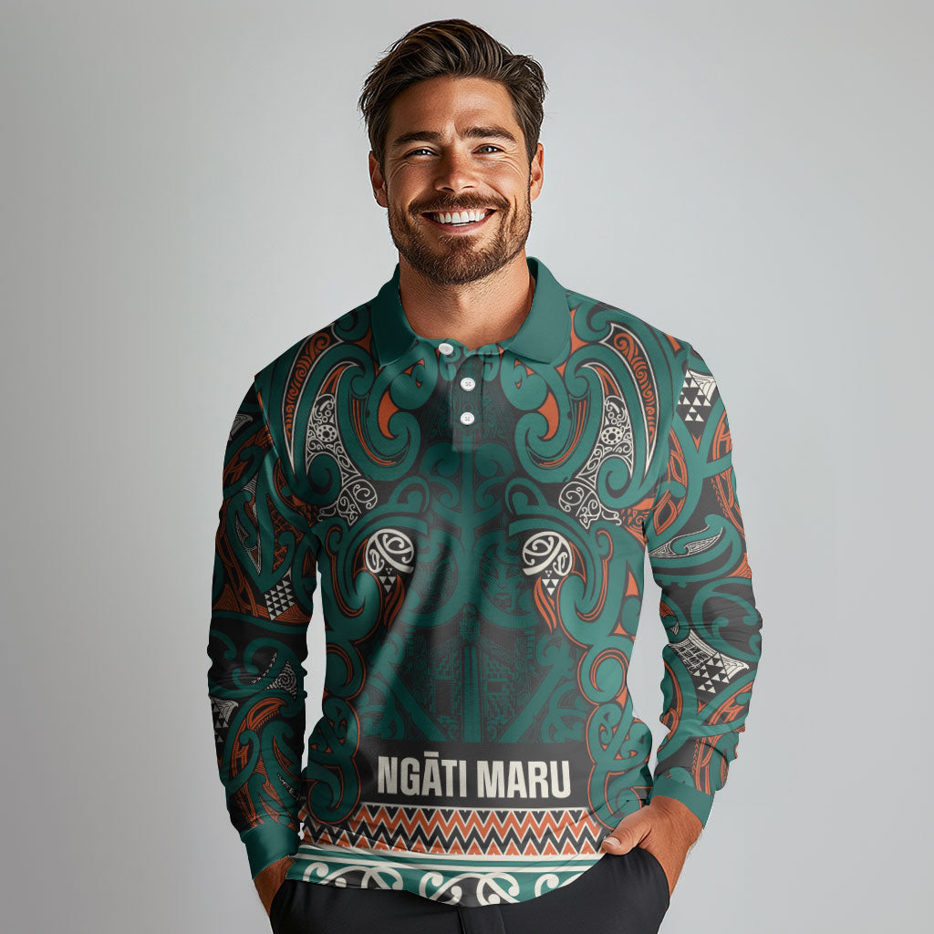 Aotearoa Iwi Ngāti Maru Taranaki Long Sleeve Polo Shirt Maori Wharenui House Tribal Pattern