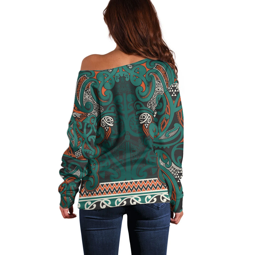 Aotearoa Iwi Ngāti Maru Taranaki Off Shoulder Sweater Maori Wharenui House Tribal Pattern