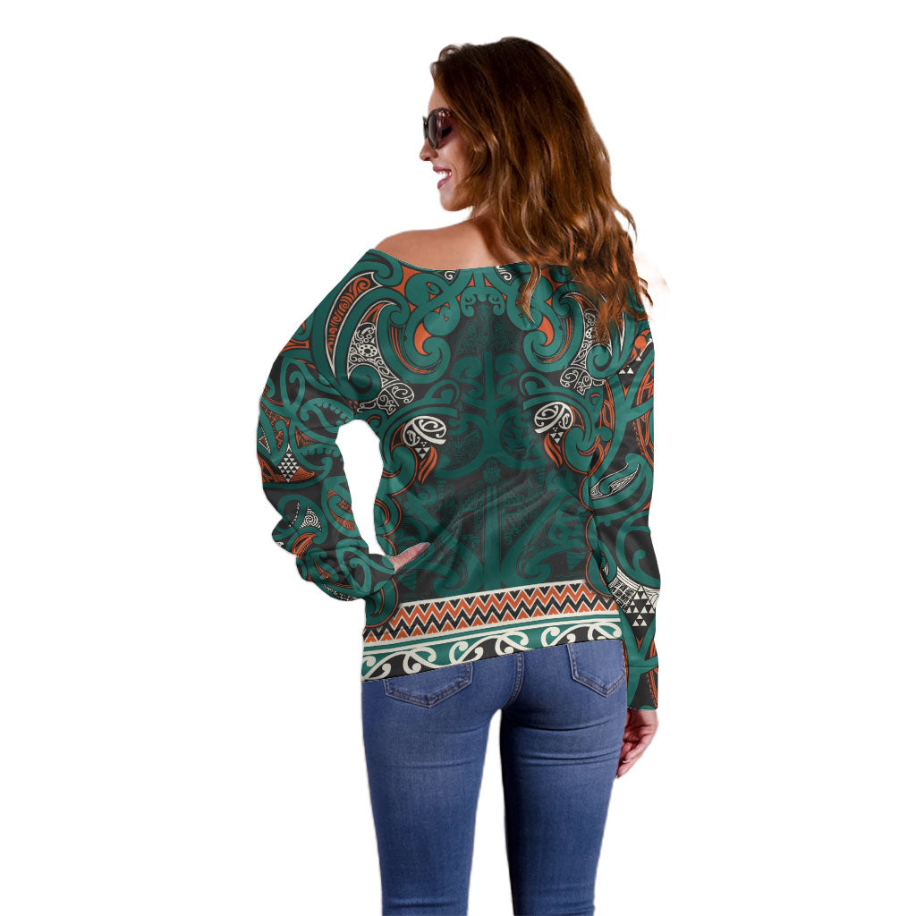 Aotearoa Iwi Ngāti Maru Taranaki Off Shoulder Sweater Maori Wharenui House Tribal Pattern
