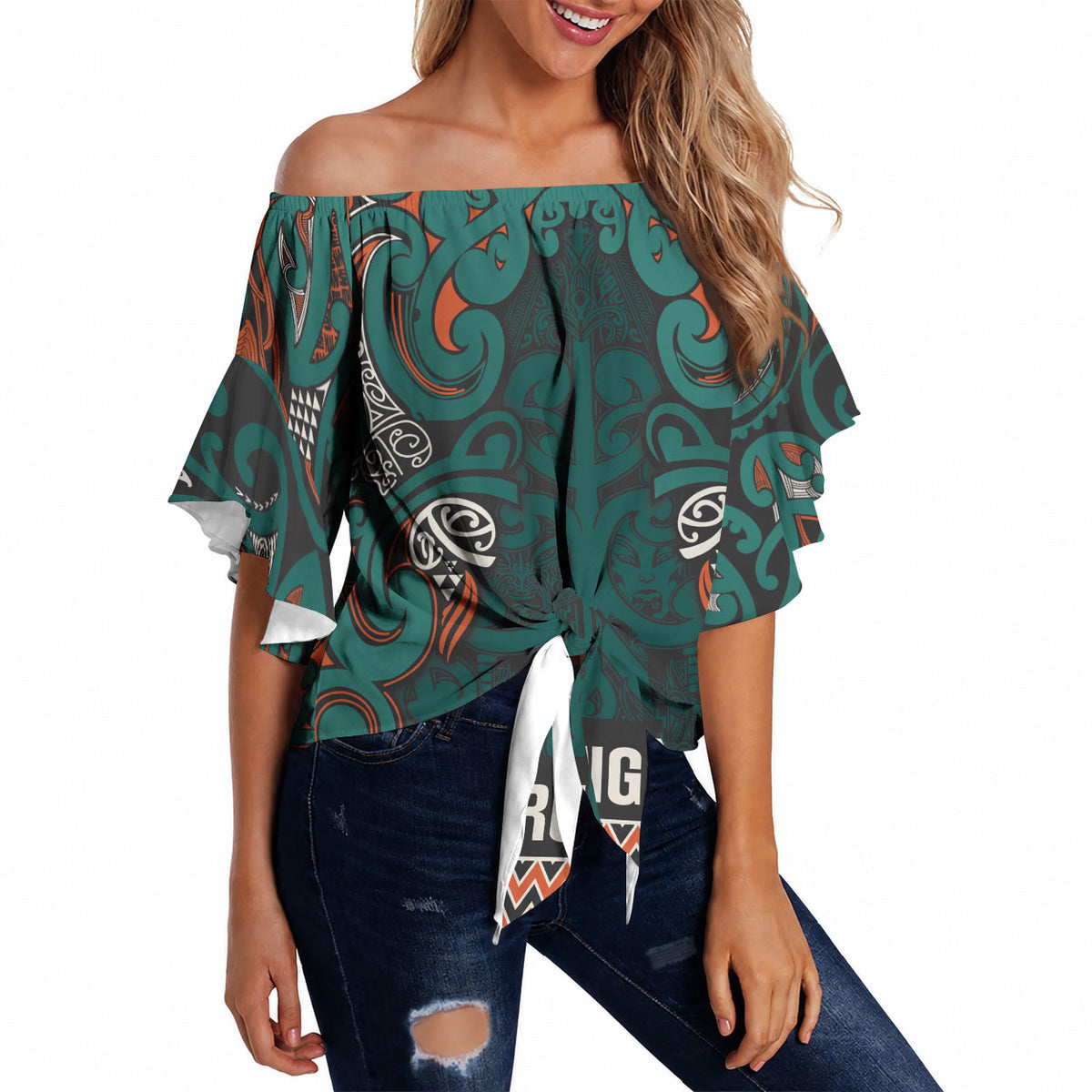 Aotearoa Iwi Ngāti Maru Taranaki Off Shoulder Wrap Waist Top Maori Wharenui House Tribal Pattern