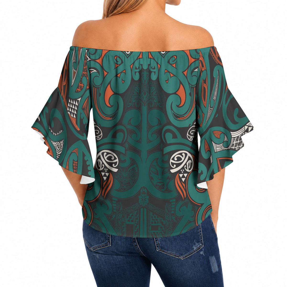 Aotearoa Iwi Ngāti Maru Taranaki Off Shoulder Wrap Waist Top Maori Wharenui House Tribal Pattern