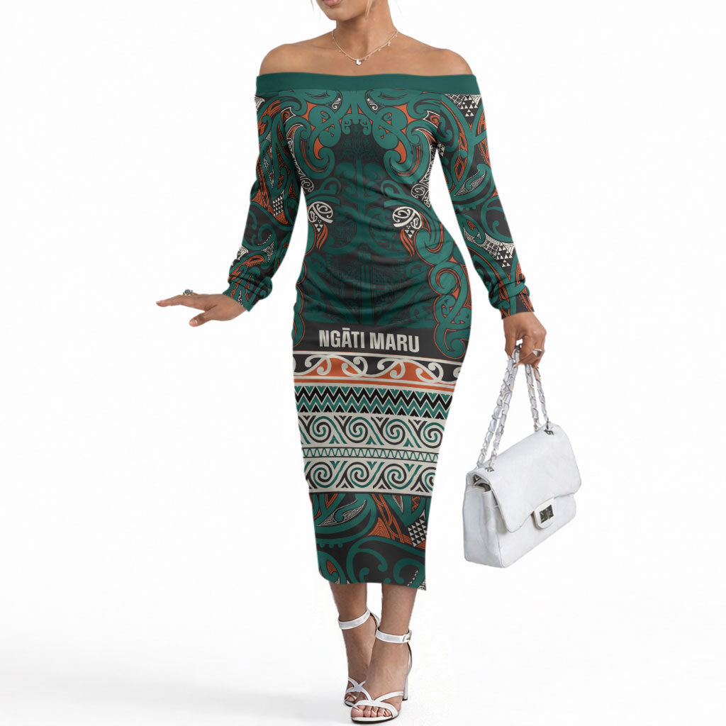 Aotearoa Iwi Ngāti Maru Taranaki Off The Shoulder Long Sleeve Dress Maori Wharenui House Tribal Pattern