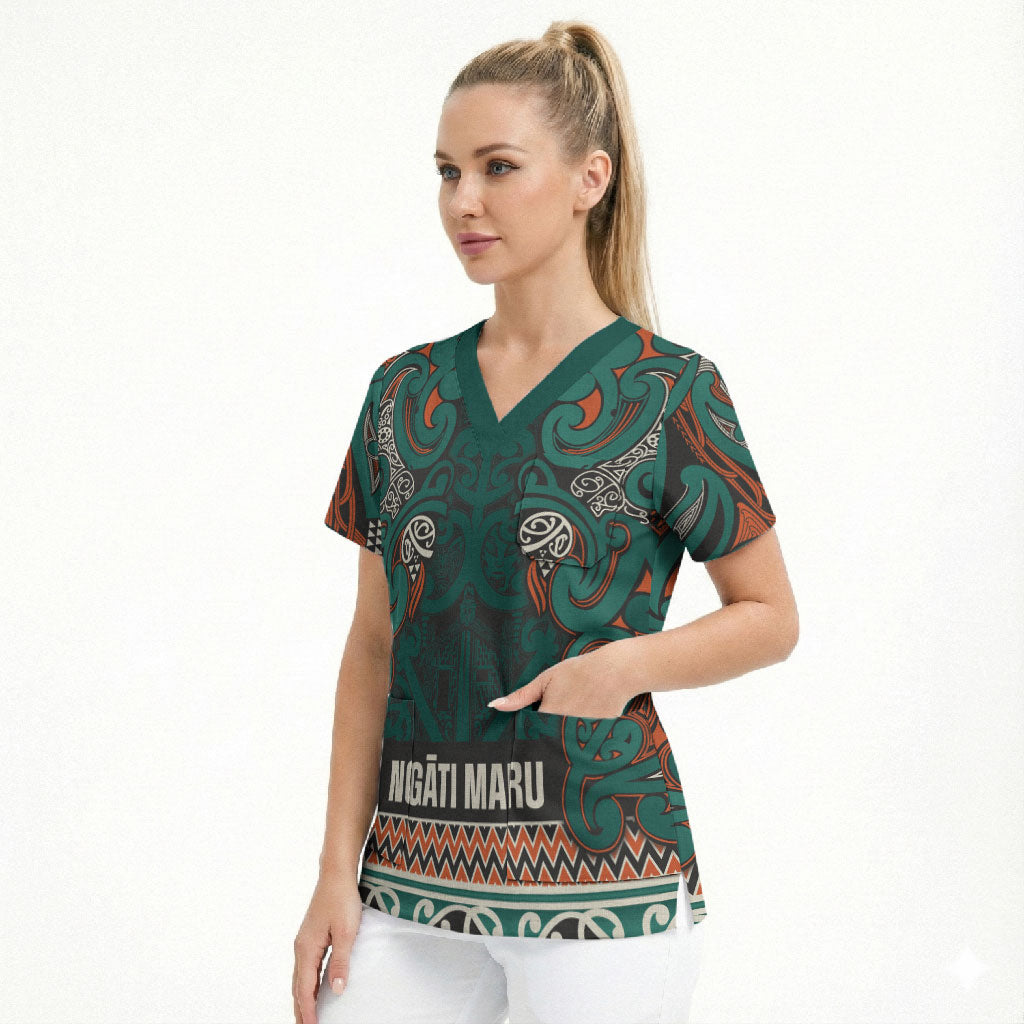 Aotearoa Iwi Ngāti Maru Taranaki Scrub Top Maori Wharenui House Tribal Pattern