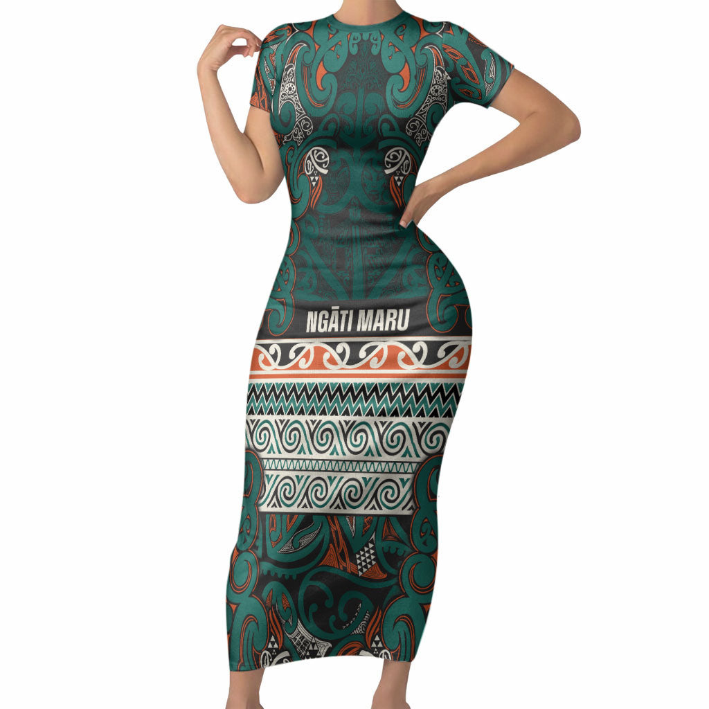 Aotearoa Iwi Ngāti Maru Taranaki Short Sleeve Bodycon Dress Maori Wharenui House Tribal Pattern