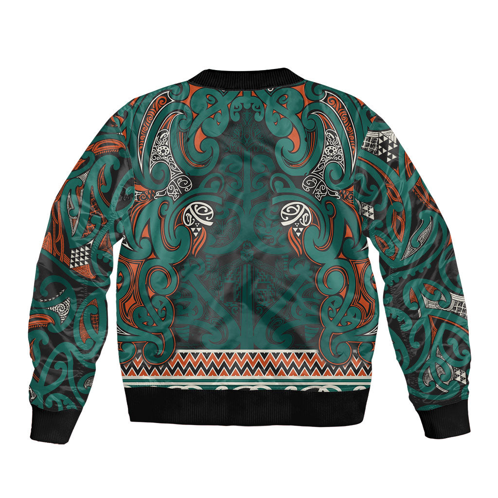 Aotearoa Iwi Ngāti Maru Taranaki Sleeve Zip Bomber Jacket Maori Wharenui House Tribal Pattern