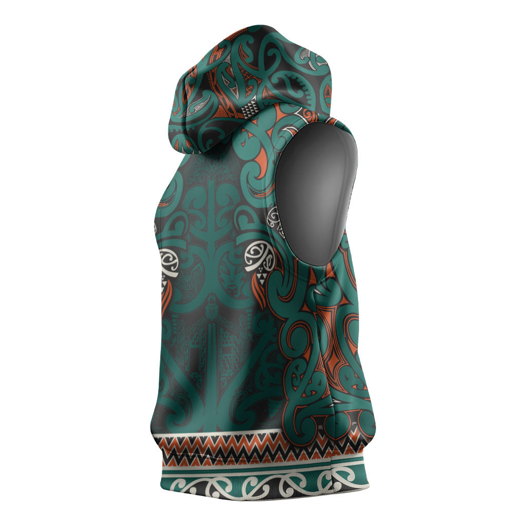 Aotearoa Iwi Ngāti Maru Taranaki Sleeveless Hoodie Maori Wharenui House Tribal Pattern