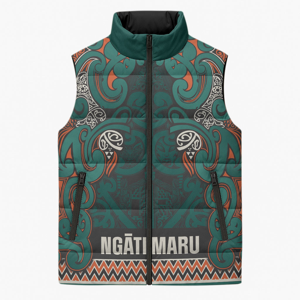 Aotearoa Iwi Ngāti Maru Taranaki Sleeveless Puffer Jacket Maori Wharenui House Tribal Pattern