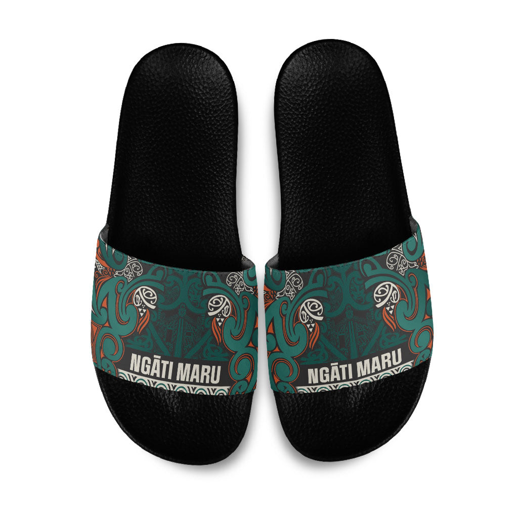Aotearoa Iwi Ngāti Maru Taranaki Slide Sandals Maori Wharenui House Tribal Pattern LT9 Deep Teal - Polynesian Pride