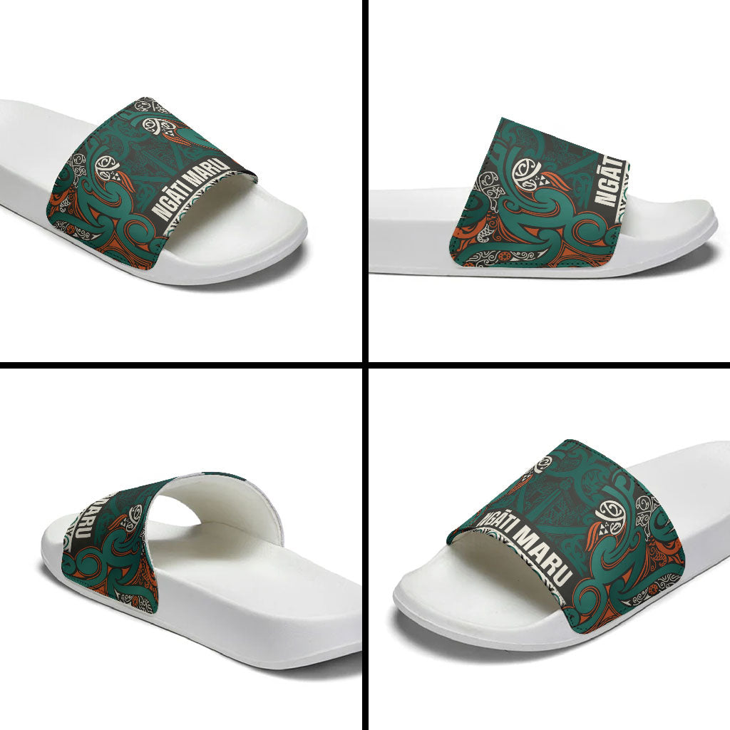 Aotearoa Iwi Ngāti Maru Taranaki Slide Sandals Maori Wharenui House Tribal Pattern