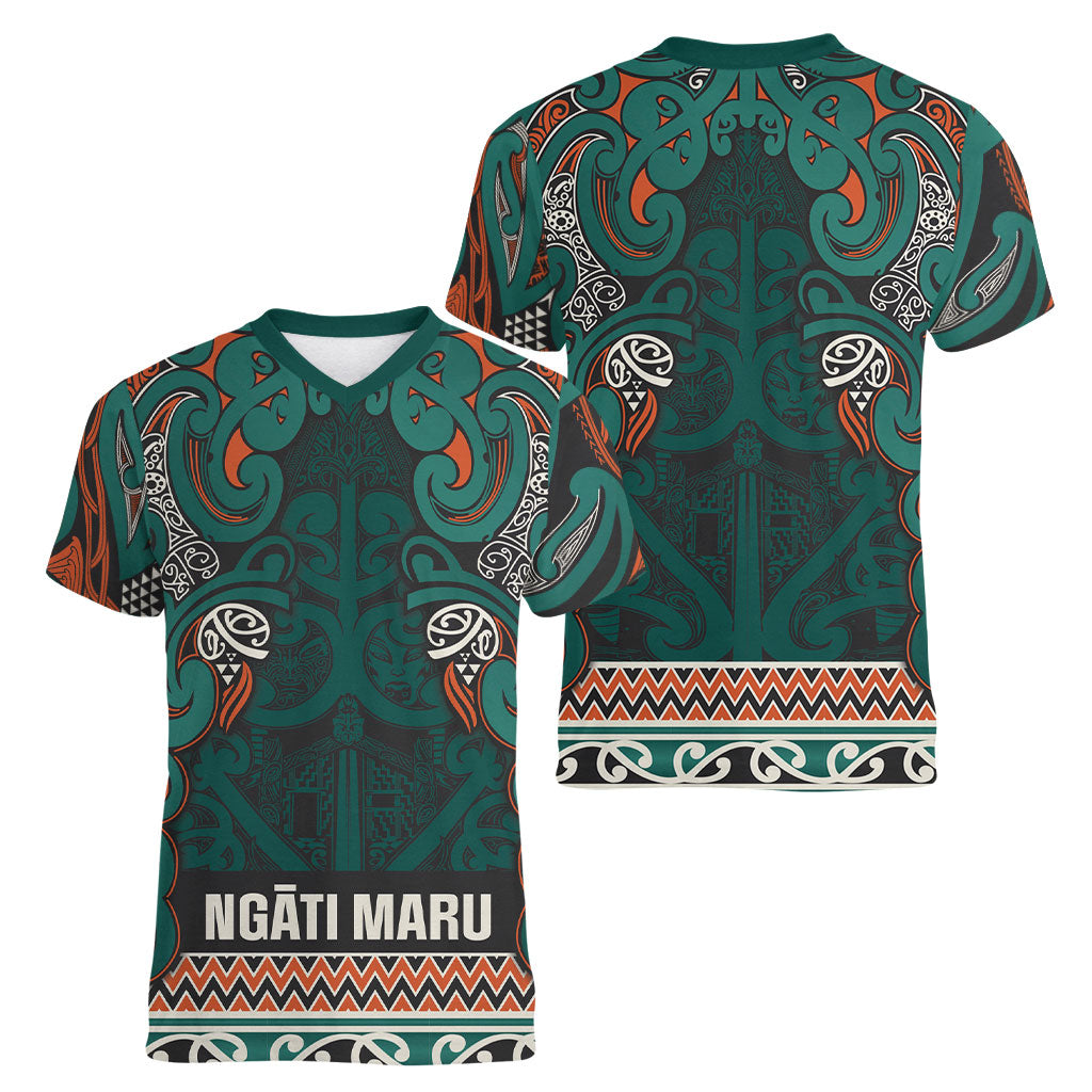Aotearoa Iwi Ngāti Maru Taranaki Women V-Neck T-Shirt Maori Wharenui House Tribal Pattern