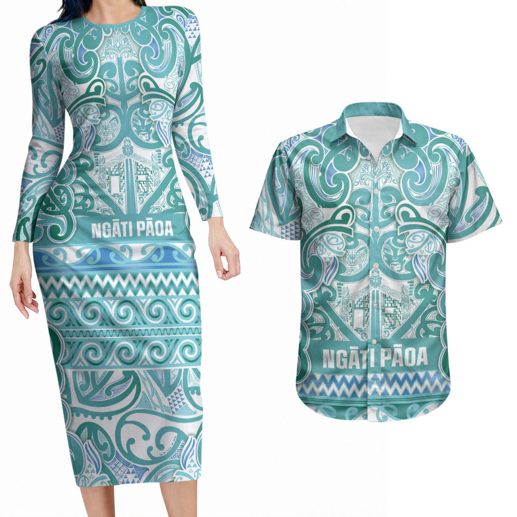 Aotearoa Iwi Ngati Paoa Couples Matching Long Sleeve Bodycon Dress and Hawaiian Shirt Maori Wharenui House Tribal Pattern