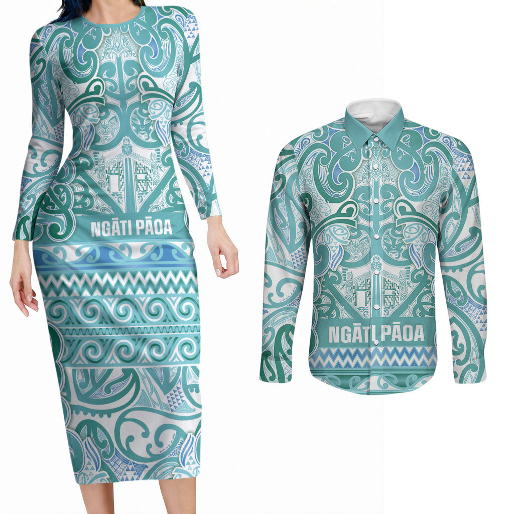 Aotearoa Iwi Ngati Paoa Couples Matching Long Sleeve Bodycon Dress and Long Sleeve Button Shirt Maori Wharenui House Tribal Pattern LT9 Turquoise - Polynesian Pride