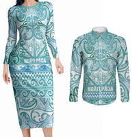 Aotearoa Iwi Ngati Paoa Couples Matching Long Sleeve Bodycon Dress and Long Sleeve Button Shirt Maori Wharenui House Tribal Pattern