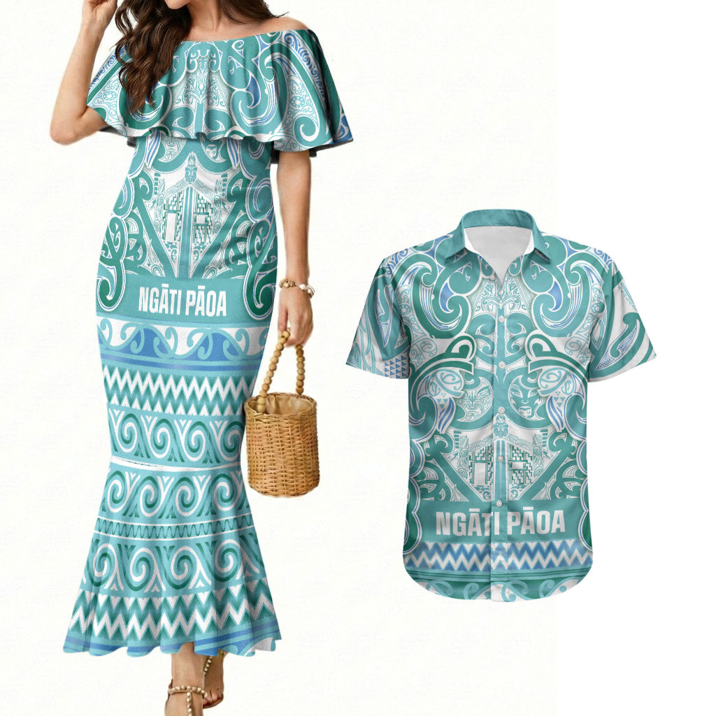 Aotearoa Iwi Ngati Paoa Couples Matching Mermaid Dress and Hawaiian Shirt Maori Wharenui House Tribal Pattern