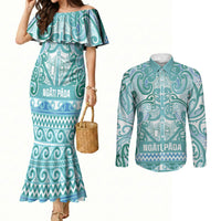 Aotearoa Iwi Ngati Paoa Couples Matching Mermaid Dress and Long Sleeve Button Shirt Maori Wharenui House Tribal Pattern