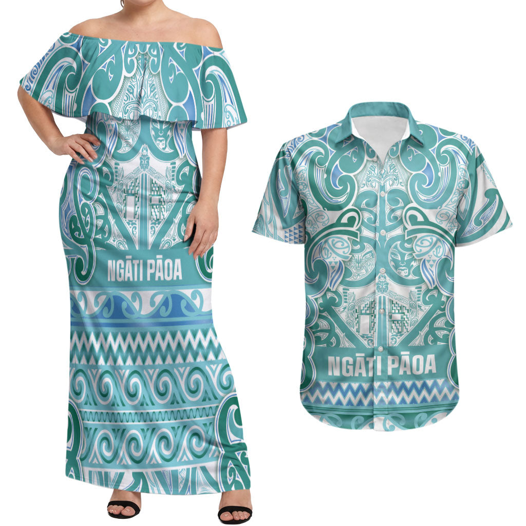 Aotearoa Iwi Ngati Paoa Couples Matching Off Shoulder Maxi Dress and Hawaiian Shirt Maori Wharenui House Tribal Pattern